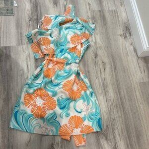 Lilly Pulitzer Orange and Blue Ruched One-Shoulder Sundress silk size 4